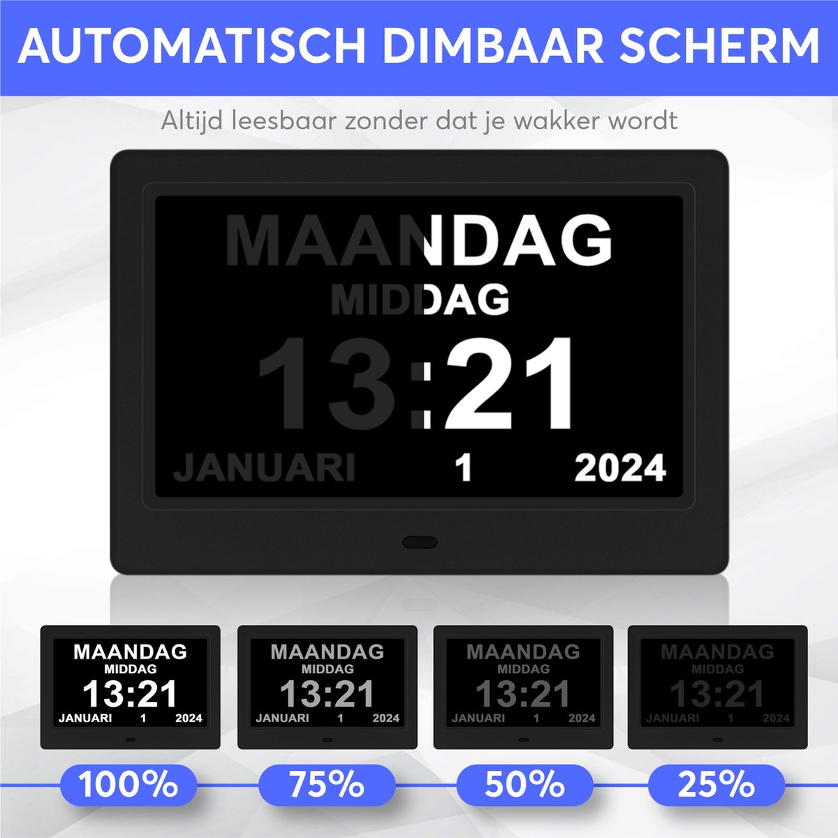 GEASY Dementieklok - Dementieklok met 24 Alarmfuncties - Alzheimer klok Groot Lettertype - 13,3 inch - Automatische Dimfunctie - Dementieklok digitaal - Dementie klok analoog- Zwart