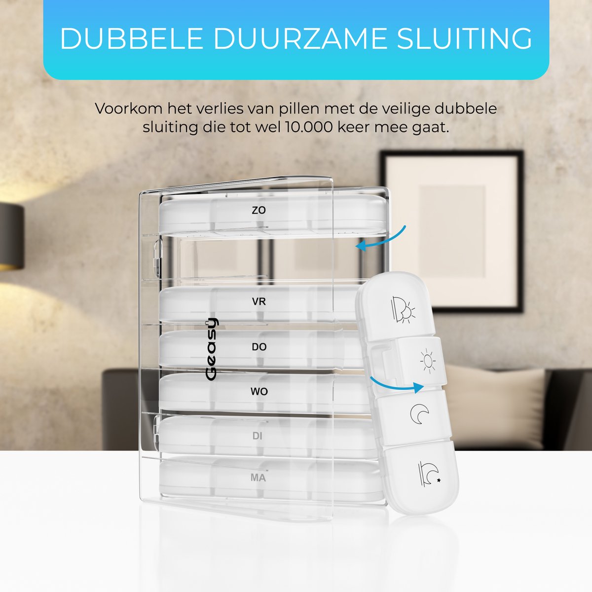 GEASY Pillendoos 7 dagen 4 vakken - Stevige Sluiting - Nederlands - Transparant - Medicijndoosje 7 dagen – Pillendoosjes 7 dagen 4 vakken – Pillendoosje