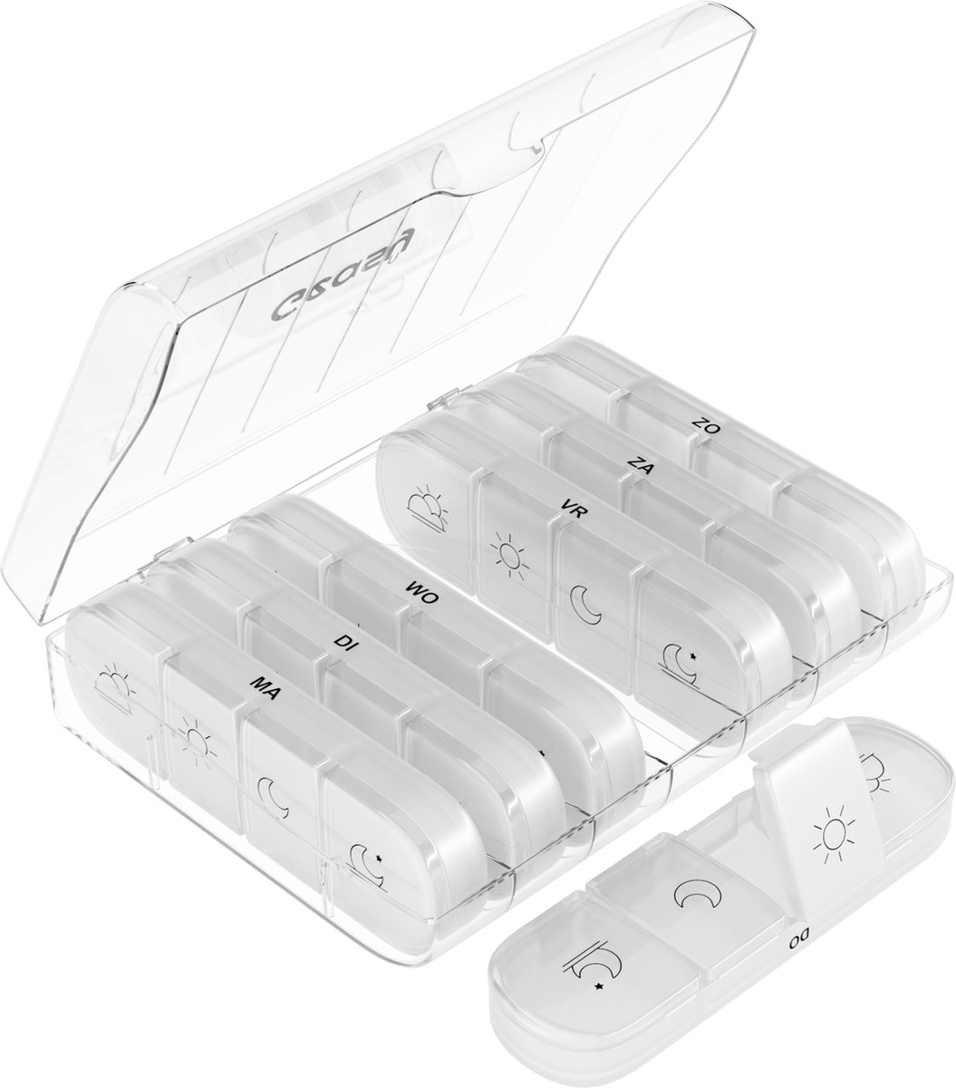 GEASY Pillendoos 7 dagen 4 vakken - Stevige Sluiting - Nederlands - Transparant - Medicijndoosje 7 dagen – Pillendoosjes 7 dagen 4 vakken – Pillendoosje
