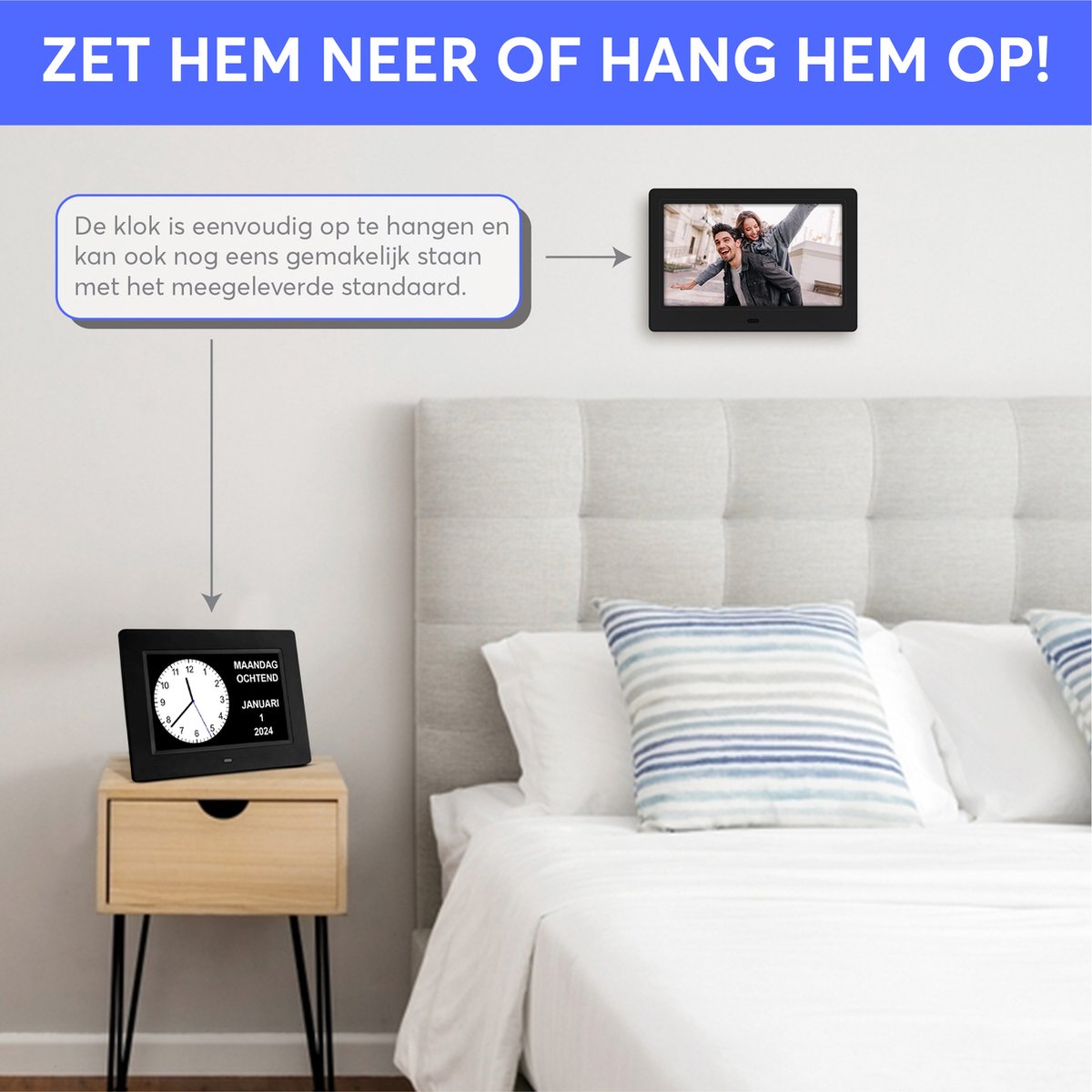 GEASY Dementieklok - Dementieklok met 24 Alarmfuncties - Alzheimer klok Groot Lettertype - 13,3 inch - Automatische Dimfunctie - Dementieklok digitaal - Dementie klok analoog- Zwart
