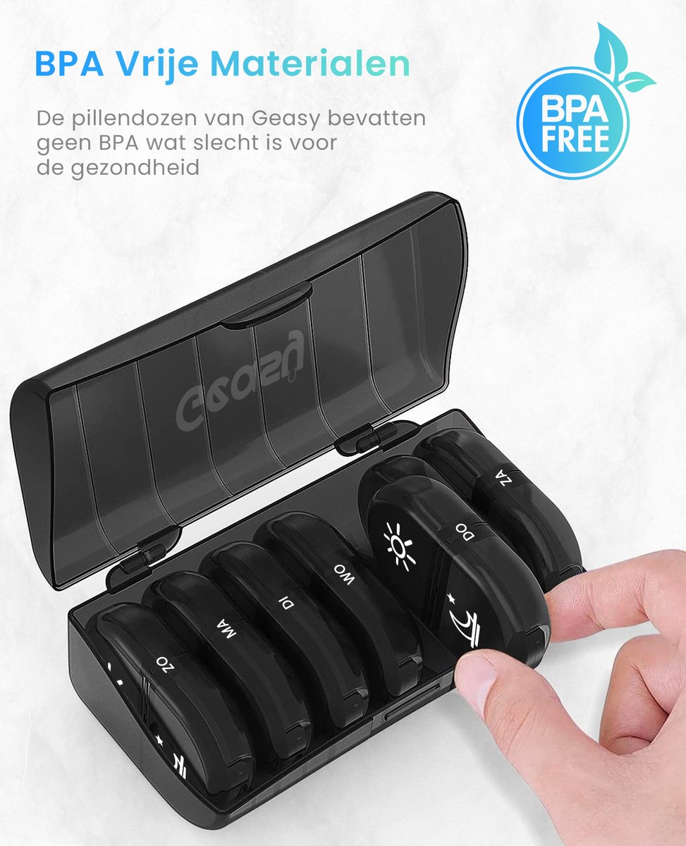 Geasy Pillendoos 7 dagen 2 Vakken - Pillendoosje met zwarte opbergdoos voor onderweg sterke vergrendeling nederlandstalig medicijndoosje 7 dagen pillendoosjes 7 dagen 2 vakken - Zwart