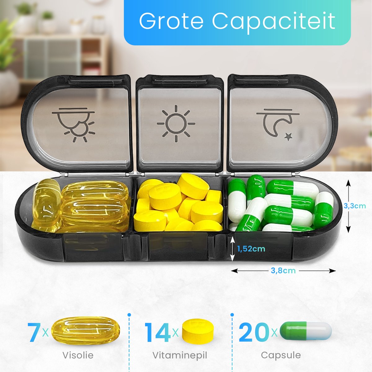 Geasy Pillendoos 7 dagen 3 Vakken - Pillendoosje met zwarte opbergdoos voor onderweg sterke vergrendeling nederlandstalig medicijndoosje 7 dagen pillendoosjes 7 dagen 3 vakken - Zwart