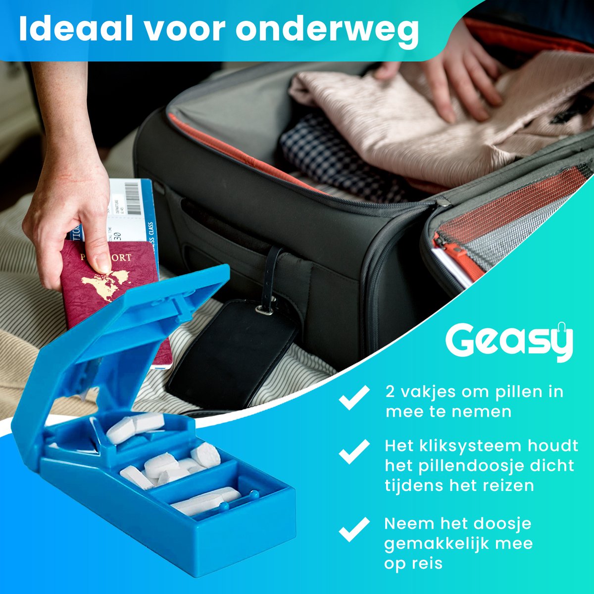 Geasy Pillensnijder - Pillendoos met pillensnijder pillendoosje met scherp mesje van roestvrij staal - Blauw