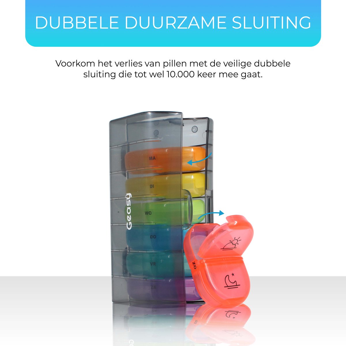 GEASY Pillendoos 7 Dagen 2 Vakken - Stevige Sluiting - Nederlandstalig - Zwarte opbergdoos tegen de zon met gekleurde dagdoosjes voor overzicht - Medicijndoosje 7 dagen – Pillendoosjes 7 dagen 2 vakken – Pillendoosje