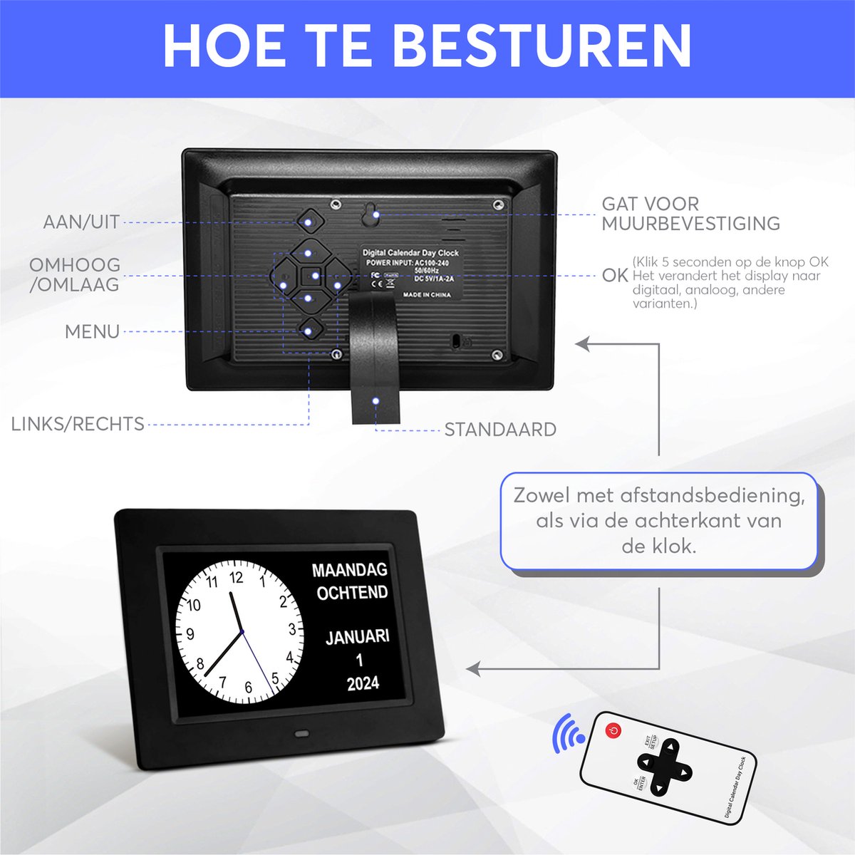 GEASY Dementieklok - Dementieklok met 24 Alarmfuncties - Alzheimer klok Groot Lettertype - 10 inch - Automatische Dimfunctie - Dementieklok digitaal - Dementie klok analoog - Zwart