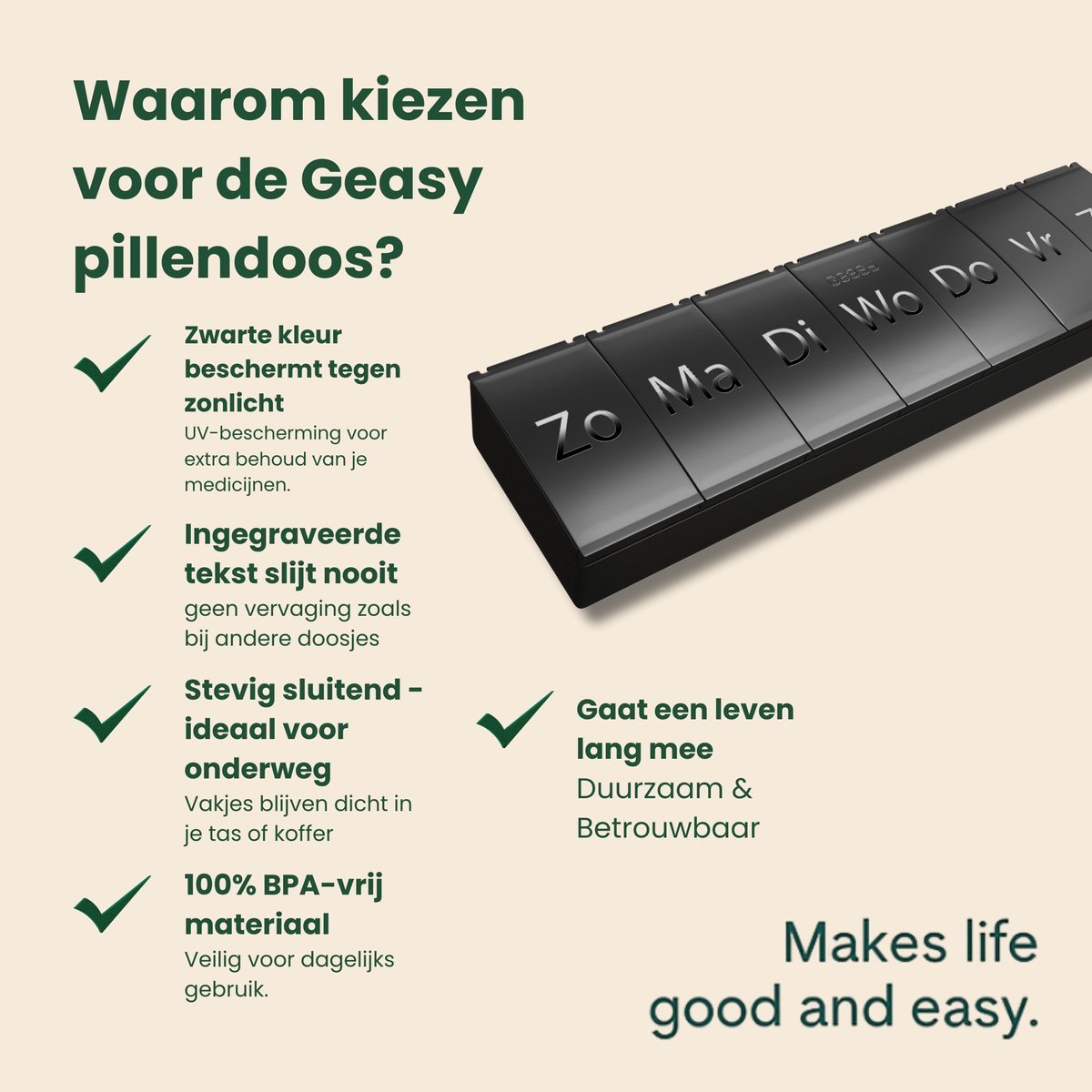 Geasy Pillendoos 7 dagen - Pillendoos pillendoosje ingegraveerde nederlandse tekst medicijndoos 7 dagen pillendoosje medicijndoosje pillendoosjes medicijn organizer - Zwart