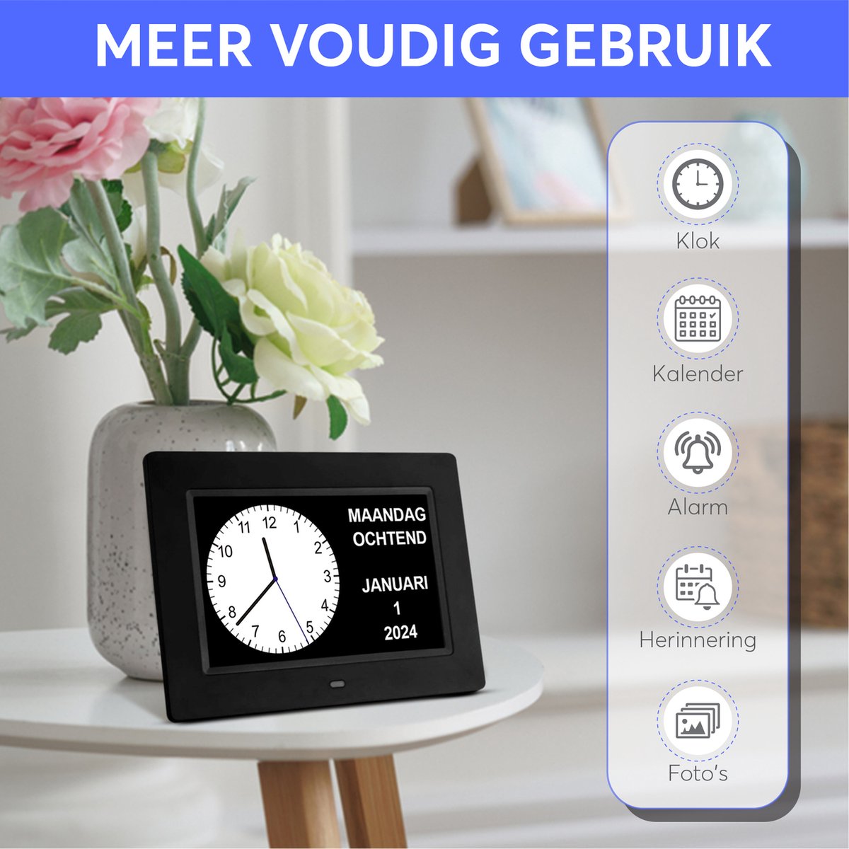 GEASY Dementieklok - Dementieklok met 24 Alarmfuncties - Alzheimer klok Groot Lettertype - 10 inch - Automatische Dimfunctie - Dementieklok digitaal - Dementie klok analoog - Zwart