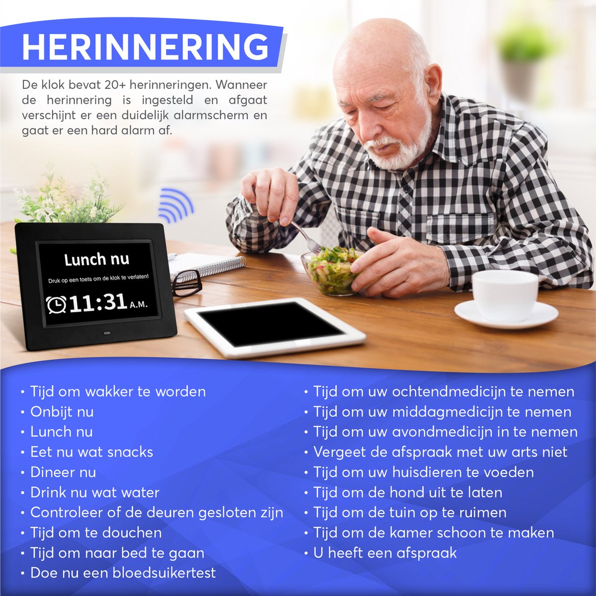 GEASY Dementieklok - Dementieklok met 24 Alarmfuncties - Alzheimer klok Groot Lettertype - 13,3 inch - Automatische Dimfunctie - Dementieklok digitaal - Dementie klok analoog- Zwart