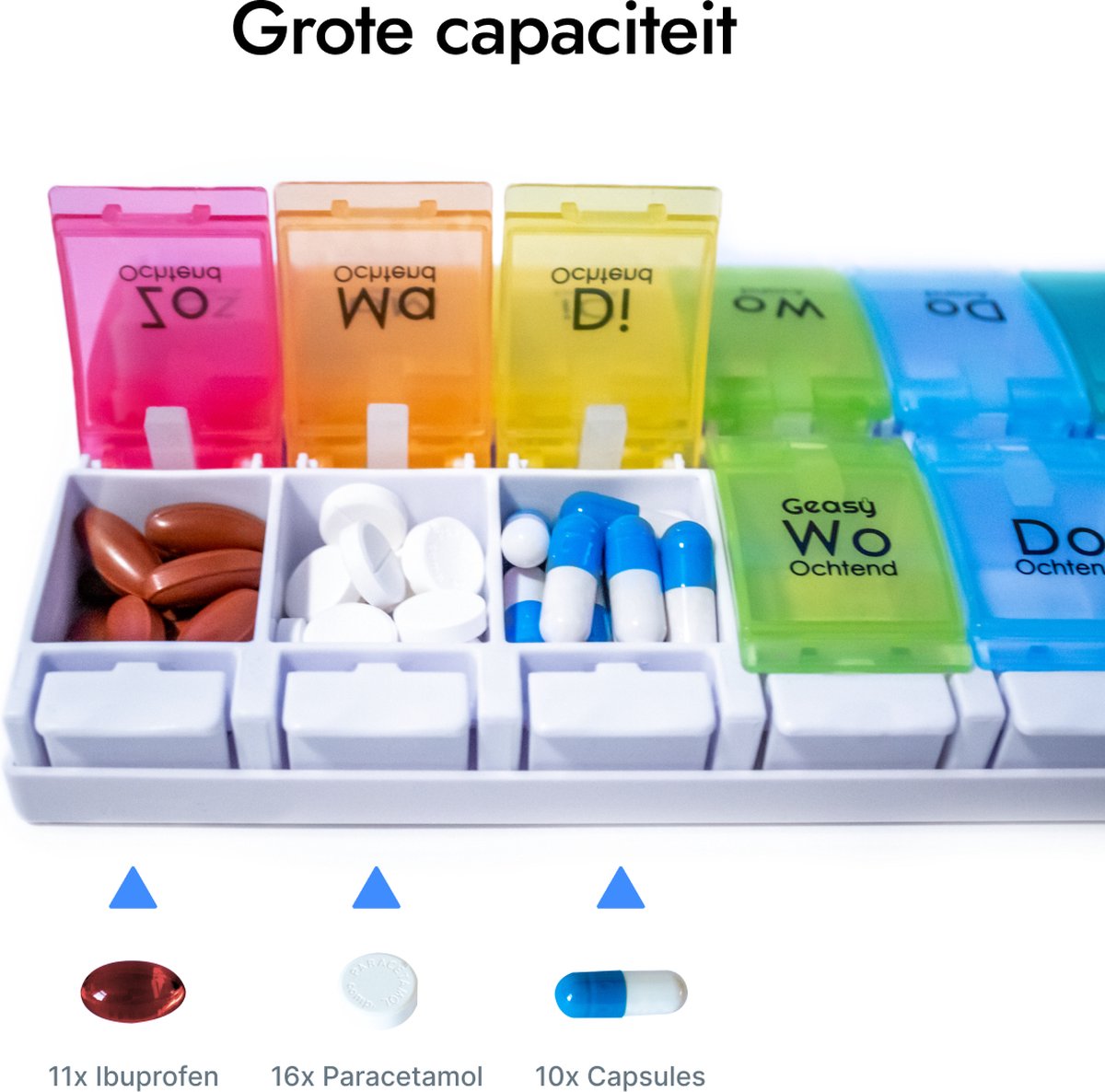 Geasy Pillendoos 7 dagen 2 Vakken - Pillendoosjes met handig kliksysteem grote vakken met sterke vergrendeling nederlandstalig medicijndoosje 7 dagen pillendoosjes 7 dagen 2 vakken pillendoosje - Meerkleurig