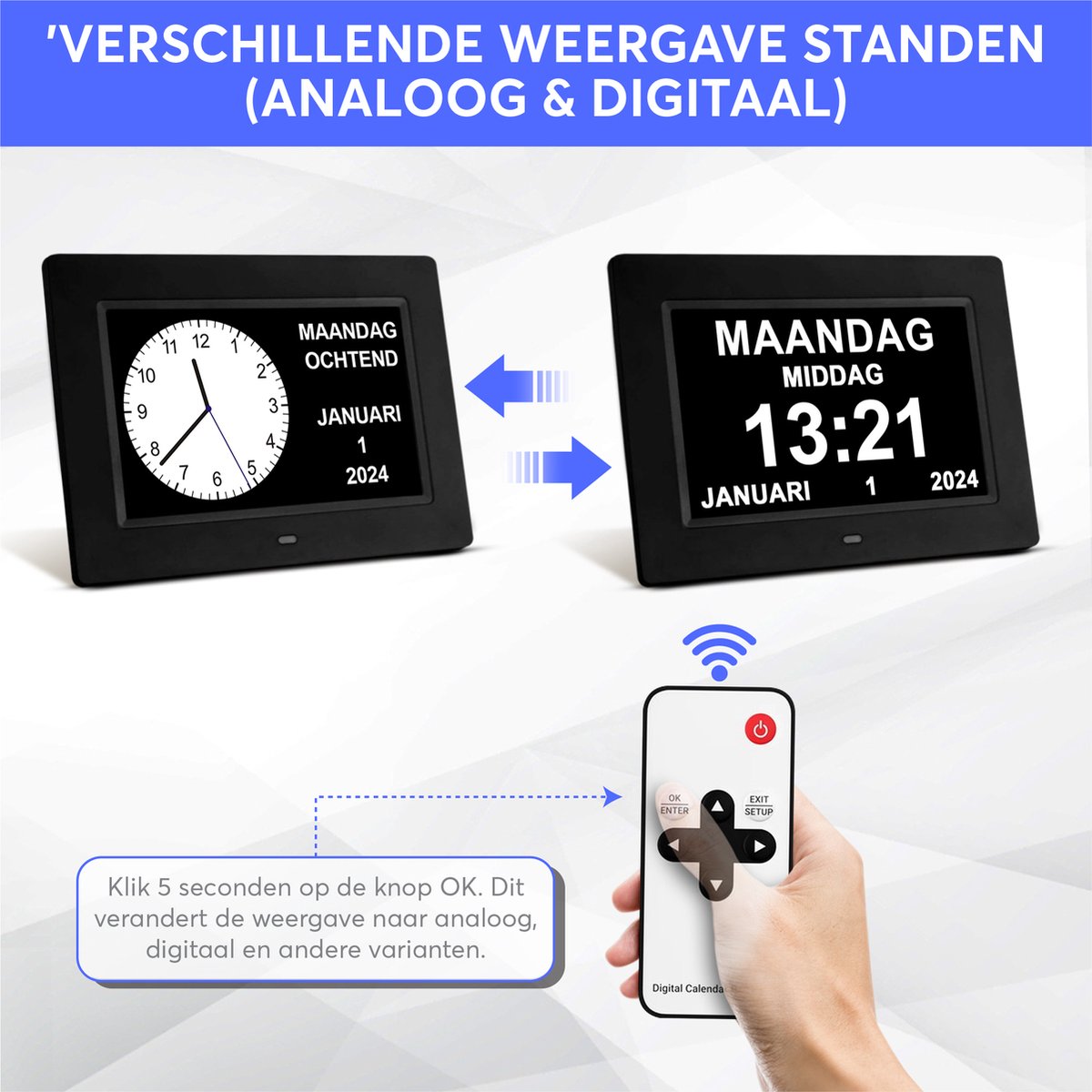 GEASY Dementieklok - Dementieklok met 24 Alarmfuncties - Alzheimer klok Groot Lettertype - 13,3 inch - Automatische Dimfunctie - Dementieklok digitaal - Dementie klok analoog- Zwart