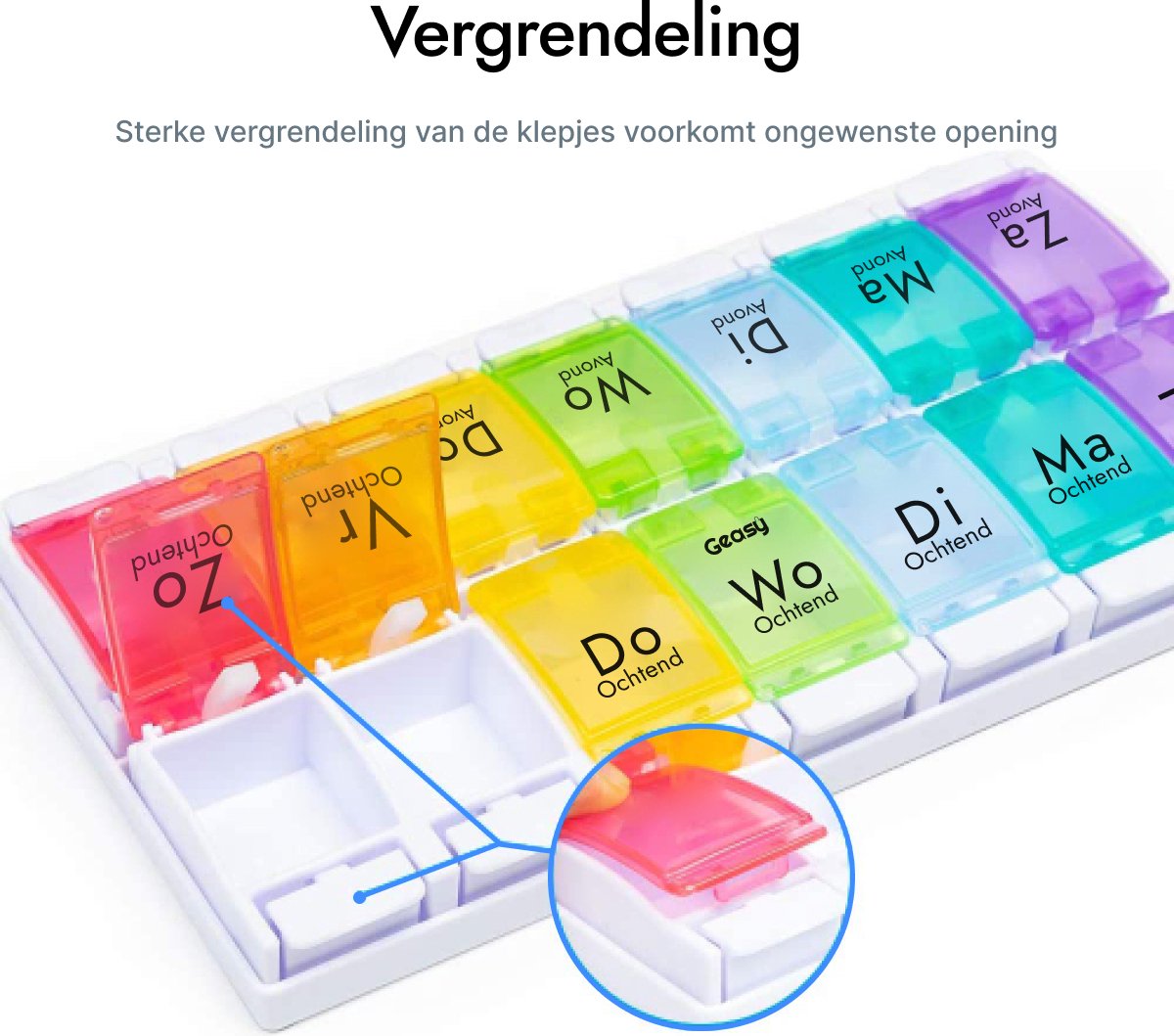 Geasy Pillendoos 7 dagen 2 Vakken - Pillendoosjes met handig kliksysteem grote vakken met sterke vergrendeling nederlandstalig medicijndoosje 7 dagen pillendoosjes 7 dagen 2 vakken pillendoosje - Meerkleurig