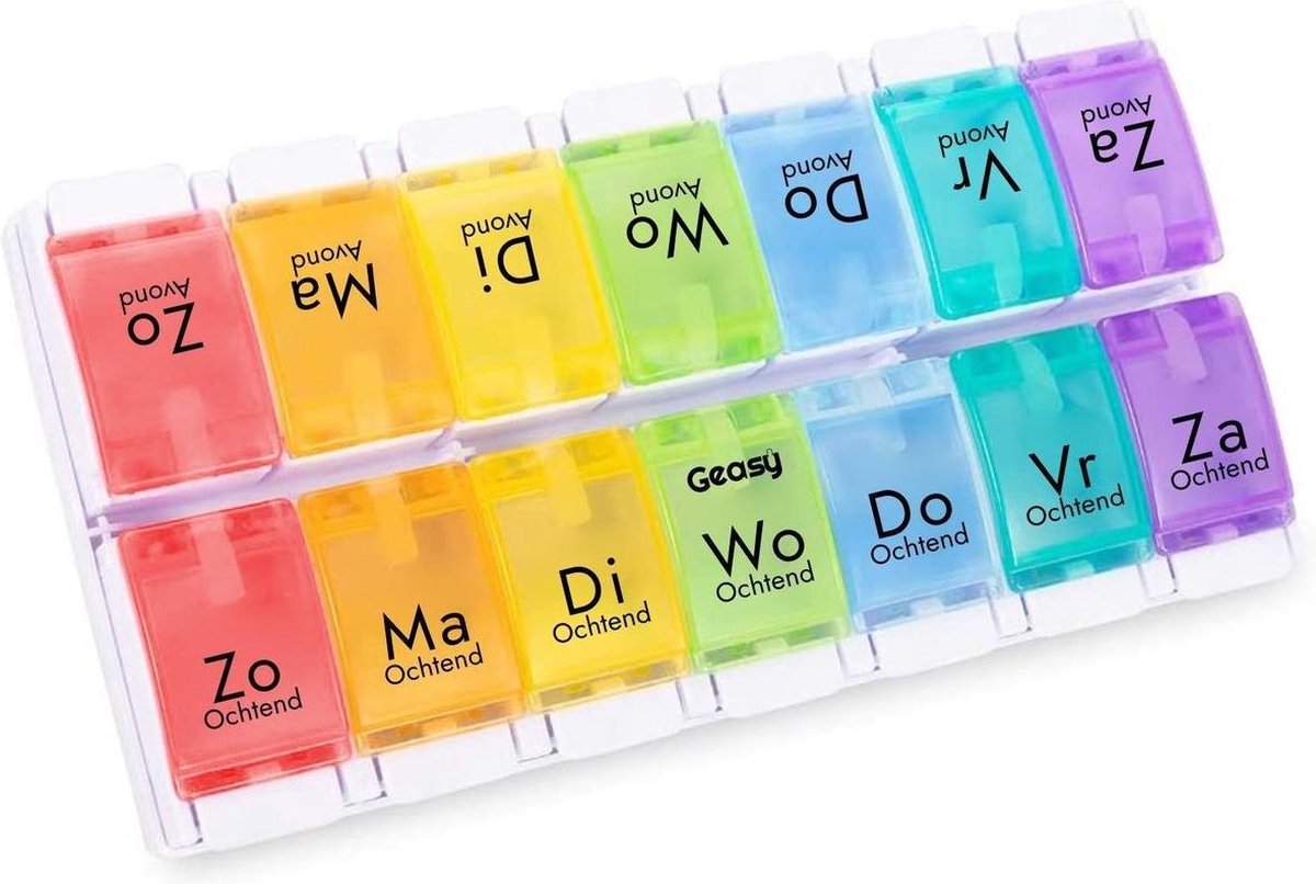 Geasy Pillendoos 7 dagen 2 Vakken - Pillendoosjes met handig kliksysteem grote vakken met sterke vergrendeling nederlandstalig medicijndoosje 7 dagen pillendoosjes 7 dagen 2 vakken pillendoosje - Meerkleurig
