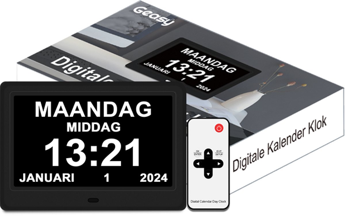 GEASY Dementieklok - Dementieklok met 24 Alarmfuncties - Alzheimer klok Groot Lettertype - 13,3 inch - Automatische Dimfunctie - Dementieklok digitaal - Dementie klok analoog- Zwart