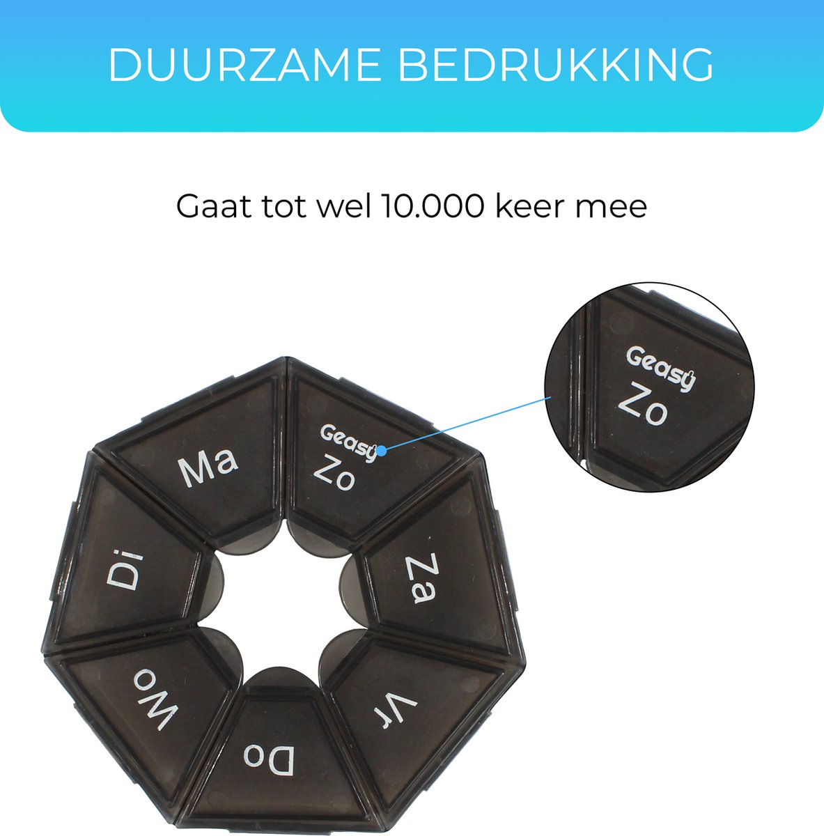 GEASY Pillendoos 7 Dagen - Stevige Sluiting - Nederlandstalig - Zwart maat M - Pillendoosje - Medicijndoos 7 Dagen - Medicijndoosje