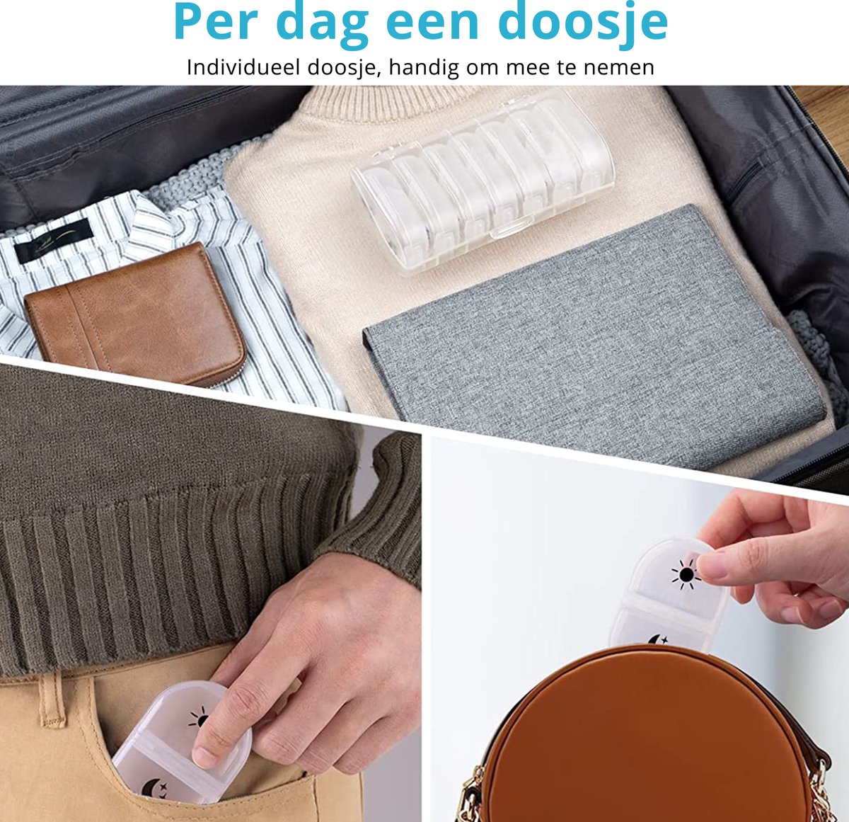 GEASY Pillendoos 7 Dagen 2 Vakken - Stevige Sluiting - Nederlandstalig - Transparant - Medicijndoosje 7 dagen – Pillendoosjes 7 dagen 2 vakken – Pillendoosje