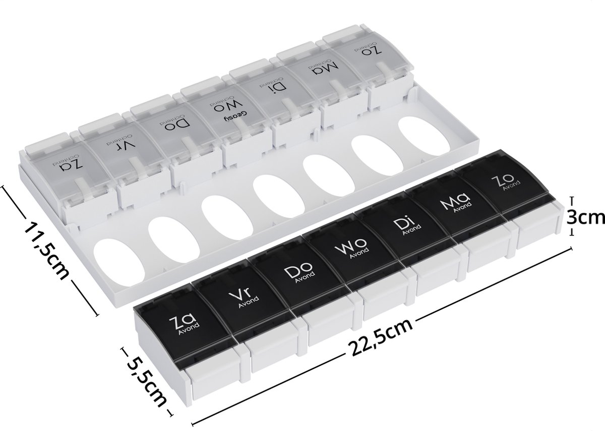 GEASY Pillendoos 7 dagen 2 Vakken - Pillendoosje met handig kliksysteem - Sterke vergrendeling - Nederlandstalig - Zwart/Wit - Medicijndoosje 7 dagen – Pillendoosjes 7 dagen 2 vakken
