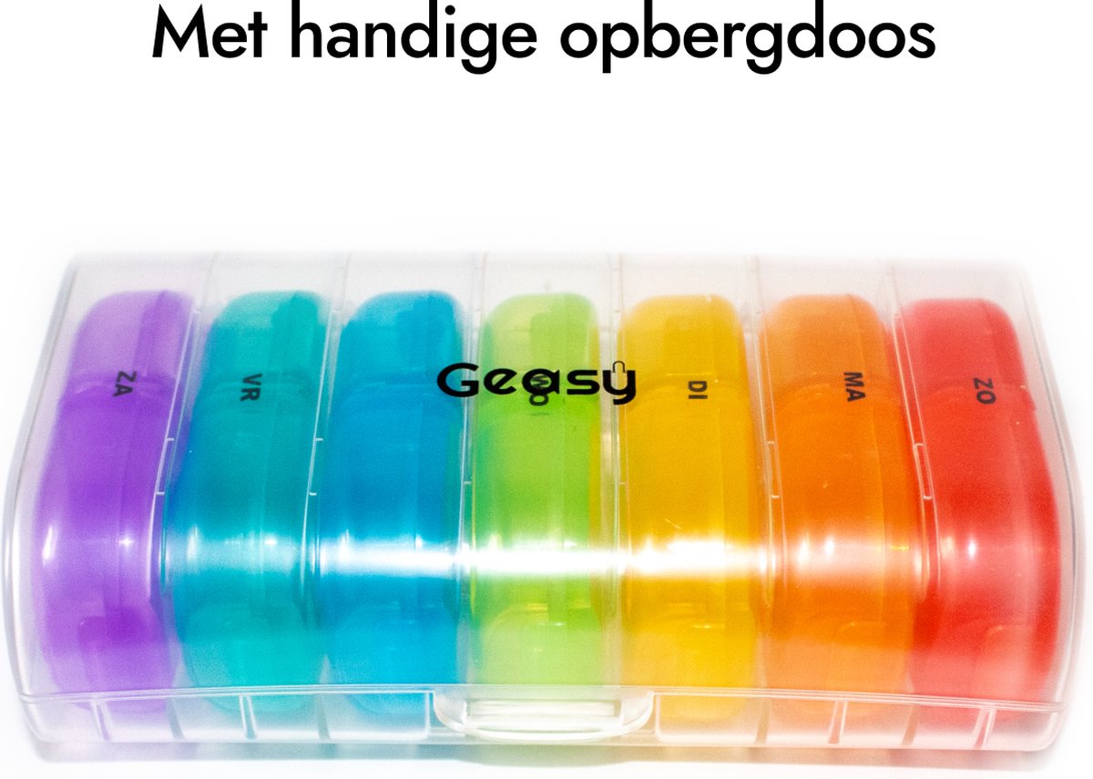 GEASY Pillendoos 7 dagen 2 Vakken - Pillendoosje met doorzichtige opbergdoos voor onderweg - Sterke vergrendeling - Nederlandstalig - Medicijndoosje 7 dagen – Pillendoosjes 7 dagen 2 vakken - Meerkleurig