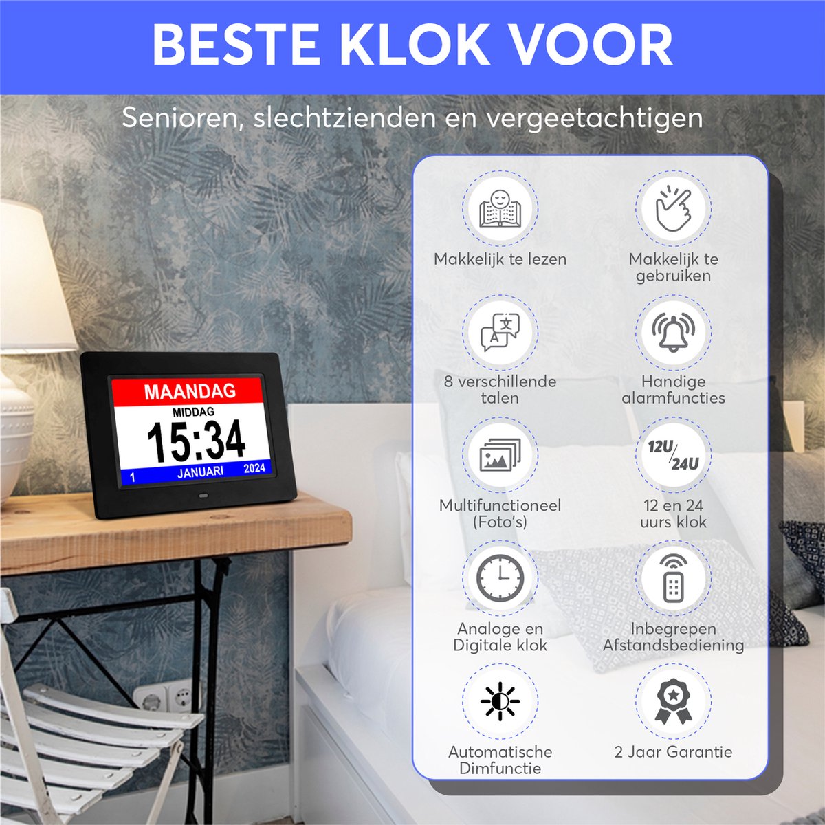 GEASY Dementieklok - Dementieklok met 24 Alarmfuncties - Alzheimer klok Groot Lettertype - 10 inch - Automatische Dimfunctie - Dementieklok digitaal - Dementie klok analoog - Zwart
