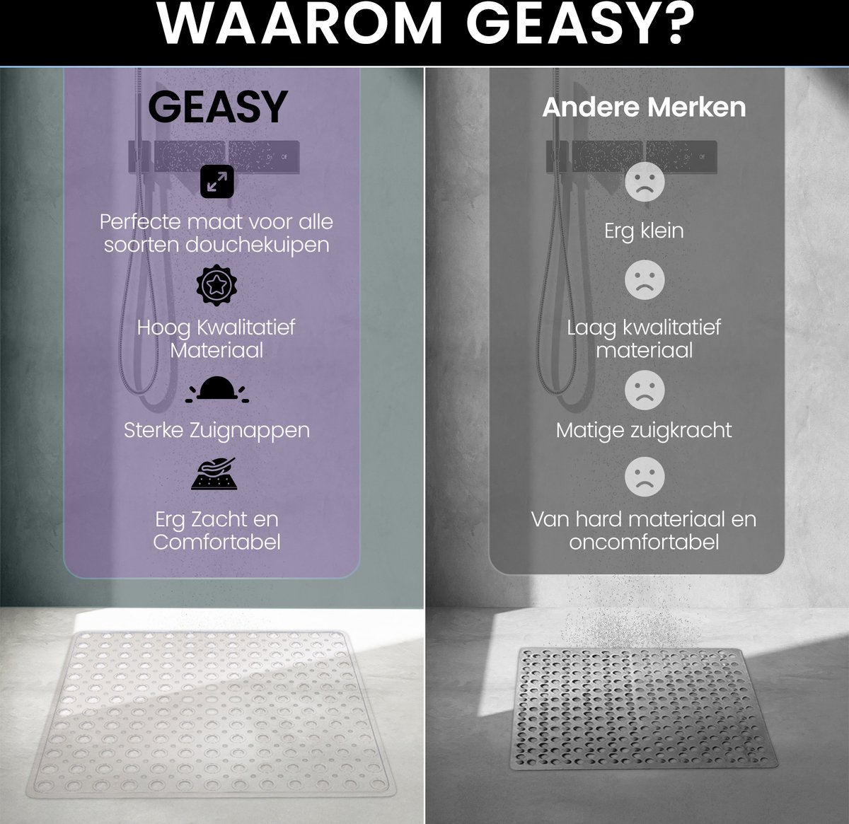 GEASY Badmat Antislip - Douchemat Antislip voor in de douche - Badmat 50x50 CM - Transparant - Douchemat Antislip voor douche - Antislipmat Douche met zuignappen