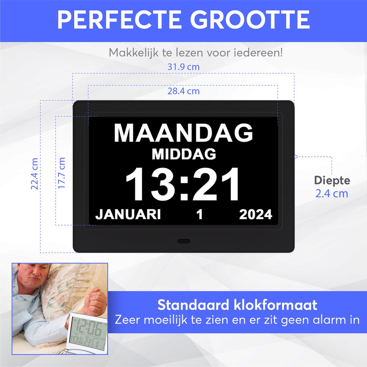 GEASY Dementieklok - Dementieklok met 24 Alarmfuncties - Alzheimer klok Groot Lettertype - 13,3 inch - Automatische Dimfunctie - Dementieklok digitaal - Dementie klok analoog- Zwart